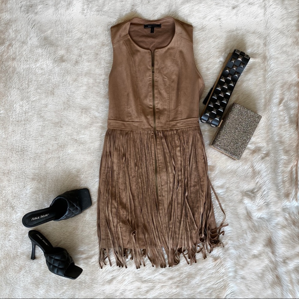 BCBGMAXAZRIA Suede Tan Tassel Front ZipUp Dress S